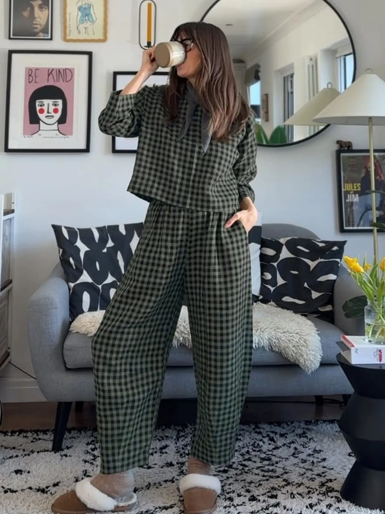 Women's Casual Woven Fabric Plaid Checkered Print Co-ord Set for Fall, Loose Fit Long Sleeve Top & Elastic Waist Wide Leg Pants Two-Piece Set
