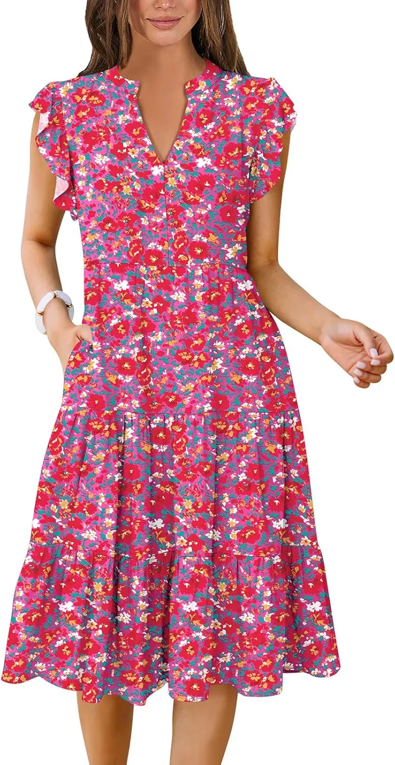 Women's Ruffle Sleeve V-Neck Tiered Midi Dress