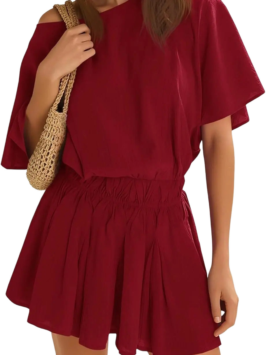 Women’s Casual 2 Piece Outfit Short Sleeve Loose Top and Flowy Mini Skirt Set