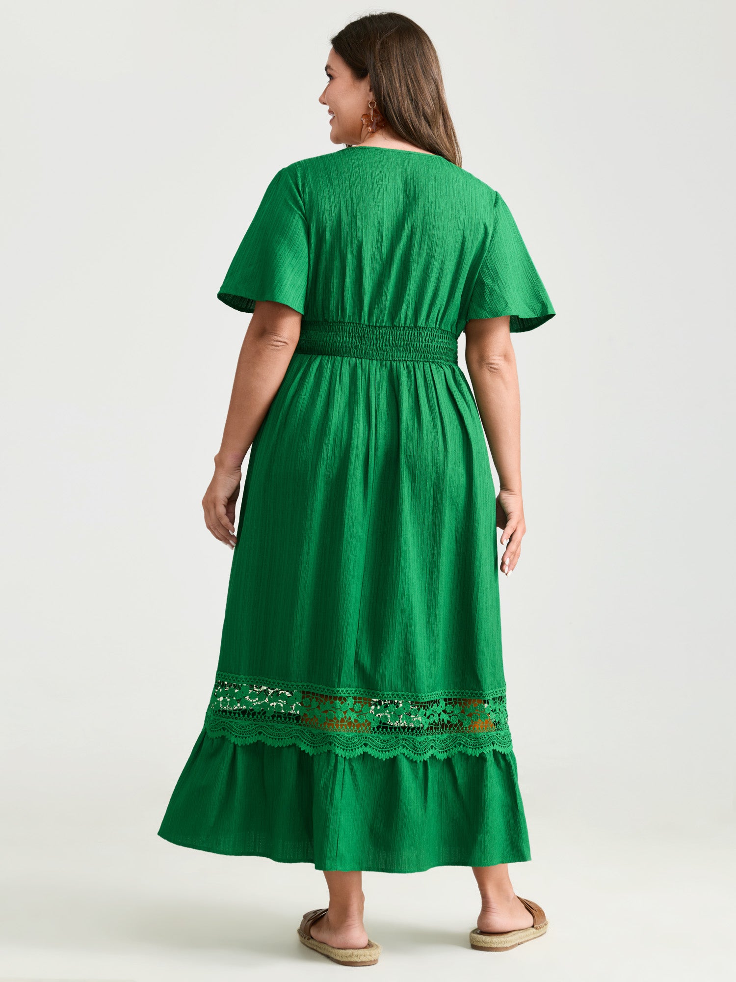 Lace Cut-Out Shirred Solid Maxi Dress