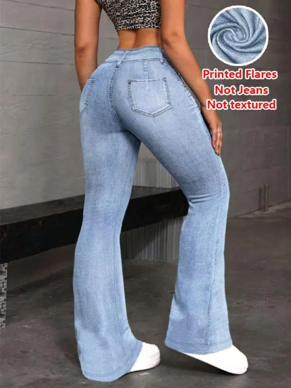 Women's Denim Print Flare Pants, Fashionable Long Jeans for Women, Casual High Waist Wide Leg Trousers