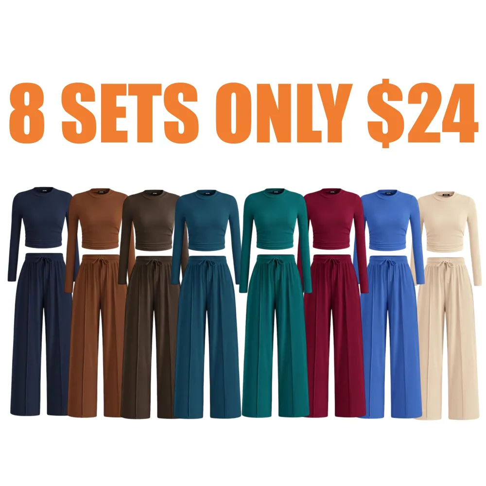 Ribbed Knit Long Sleeve Crop Top Wide Leg Pants