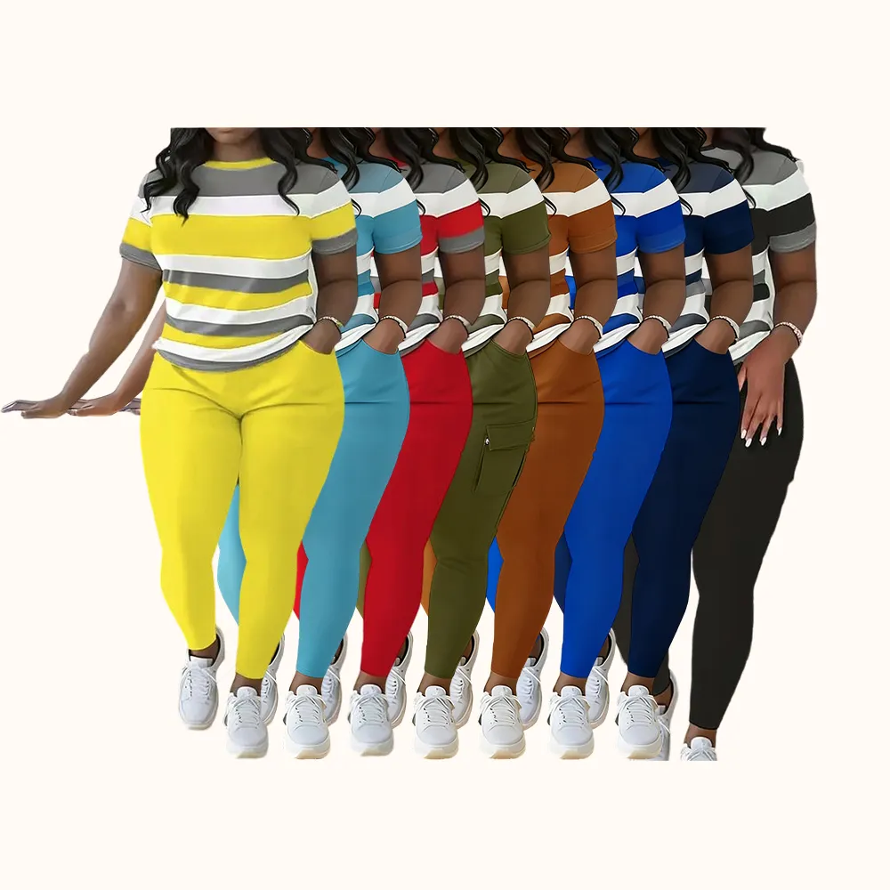 Women's Plus Size Striped Print Short Sleeve Top & Pants Two-piece Set