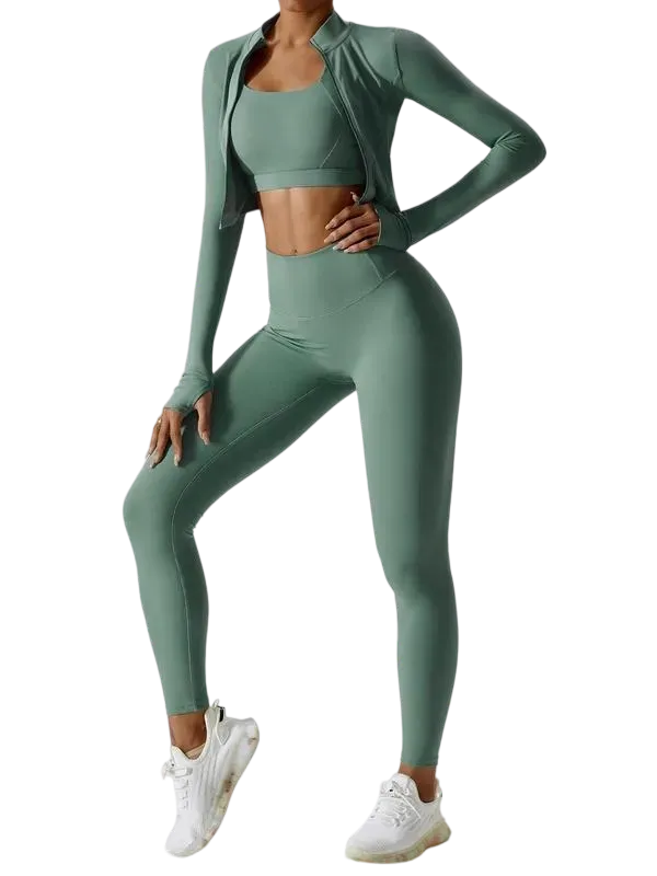 Women’s 3-Piece Workout Set – Sports Bra, Leggings & Zip Jacket with Thumbholes
