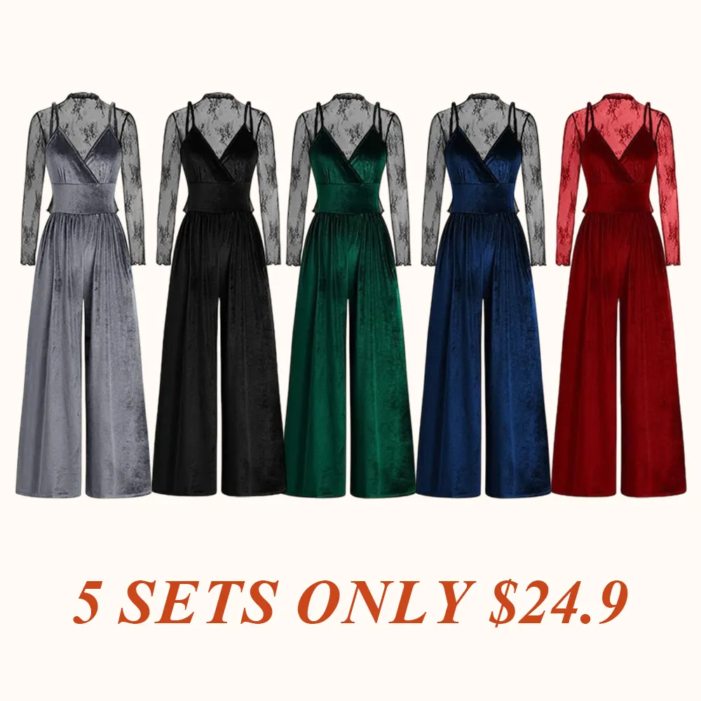 Women's Solid Color Lace Tee & Pocket Jumpsuit Two-piece Set