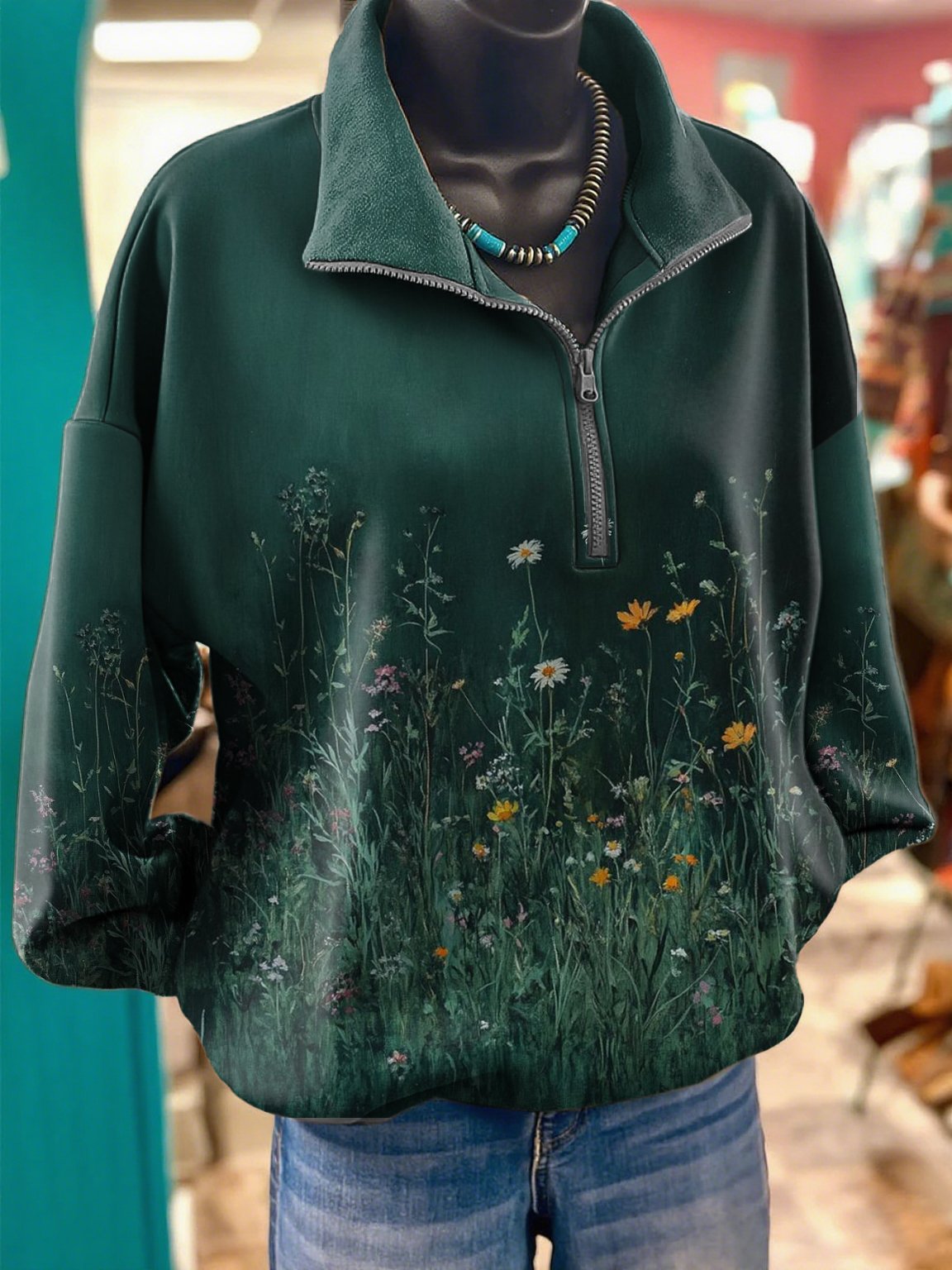 Women's lapel retro casual western print sweatshirt