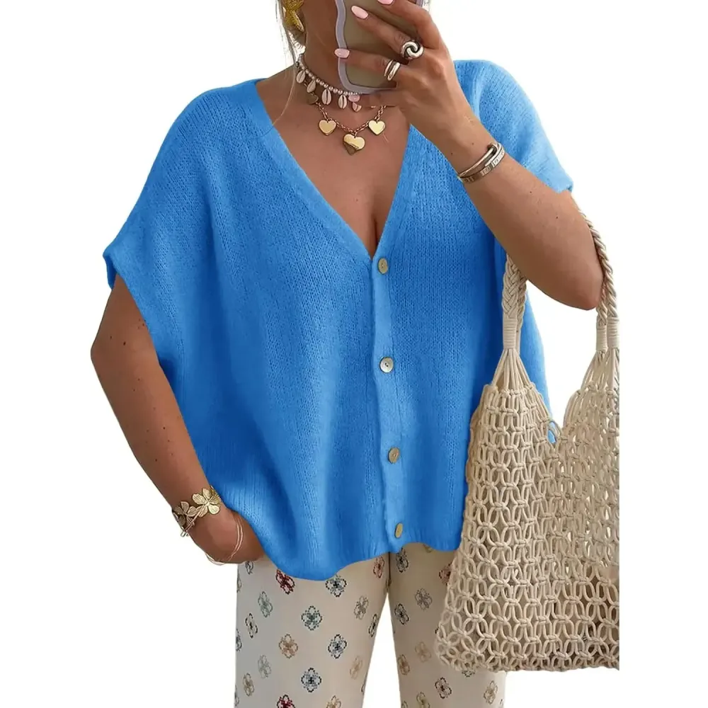 Womens Fall Oversized Cardigans Batwing Short Sleeve Lightweight Button V Neck Casual Knit Sweater Tops