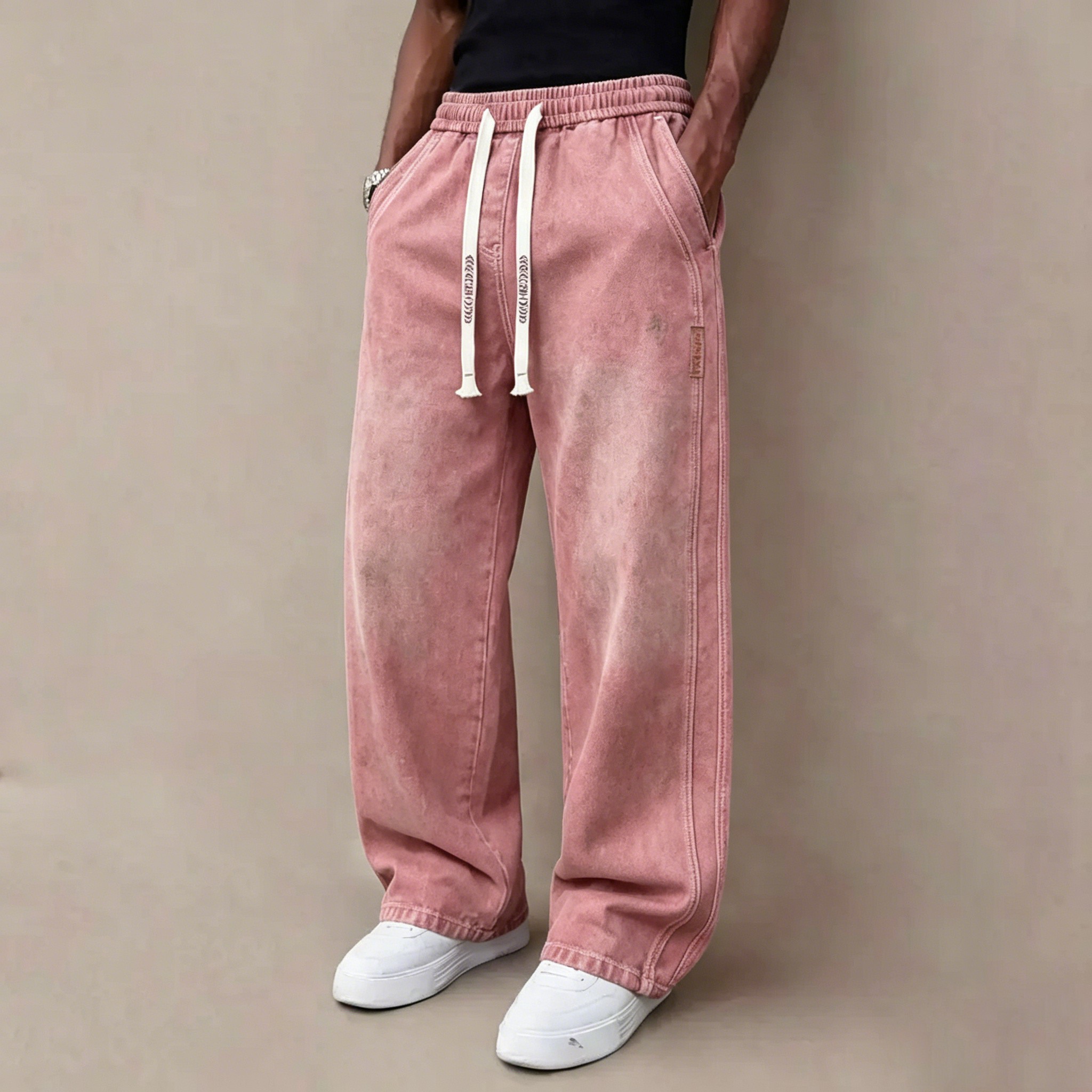 Men's Stretch Denim Jeans – Vintage Washed Straight Leg with Drawstring Waist