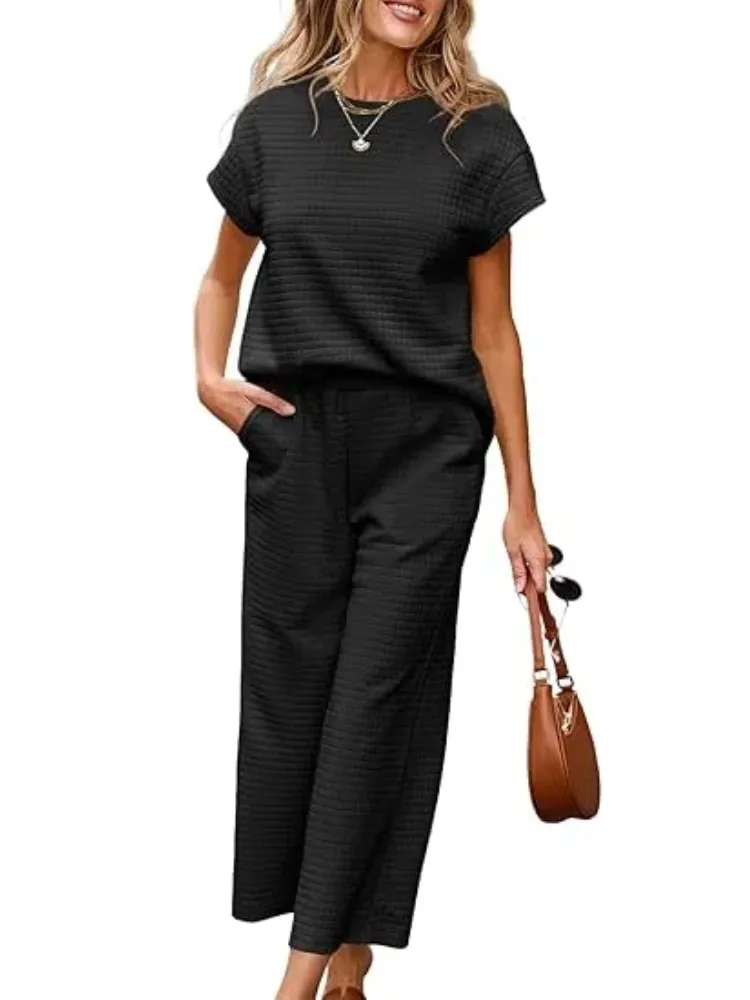 Women's Casual Textured Tops and Wide Leg Pants Lounge Sets