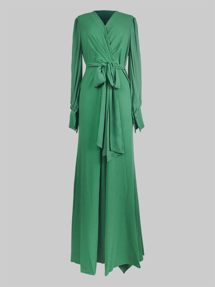 Skinny Wrap Bandage Solid Color Split-Front Split-Joint V-Neck Maxi Evening Dresses