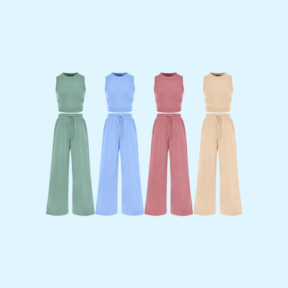 Women's 2-Piece Ribbed Knit Sleeveless Cropped Top & Wide Leg Pants