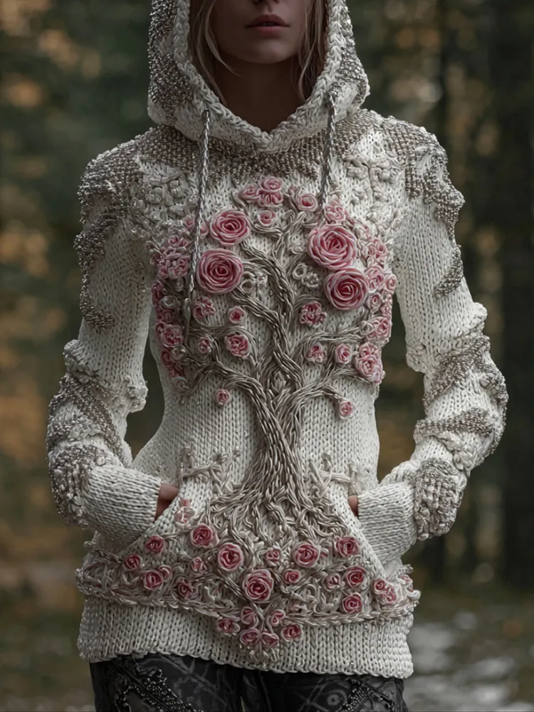 Women's Viking Style Tree Of Life Beaded Beige Fashionable Hooded Sweater