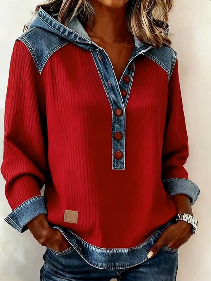 Women's Casual Hooded Collar Denim Patchwork Sweatshirt