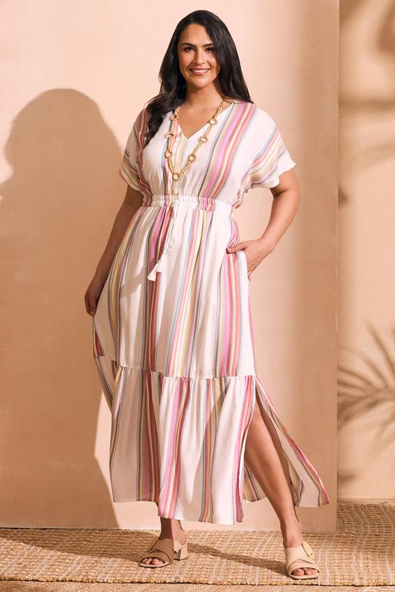 Plus Size Multicolor Striped Tassel Waist Dress