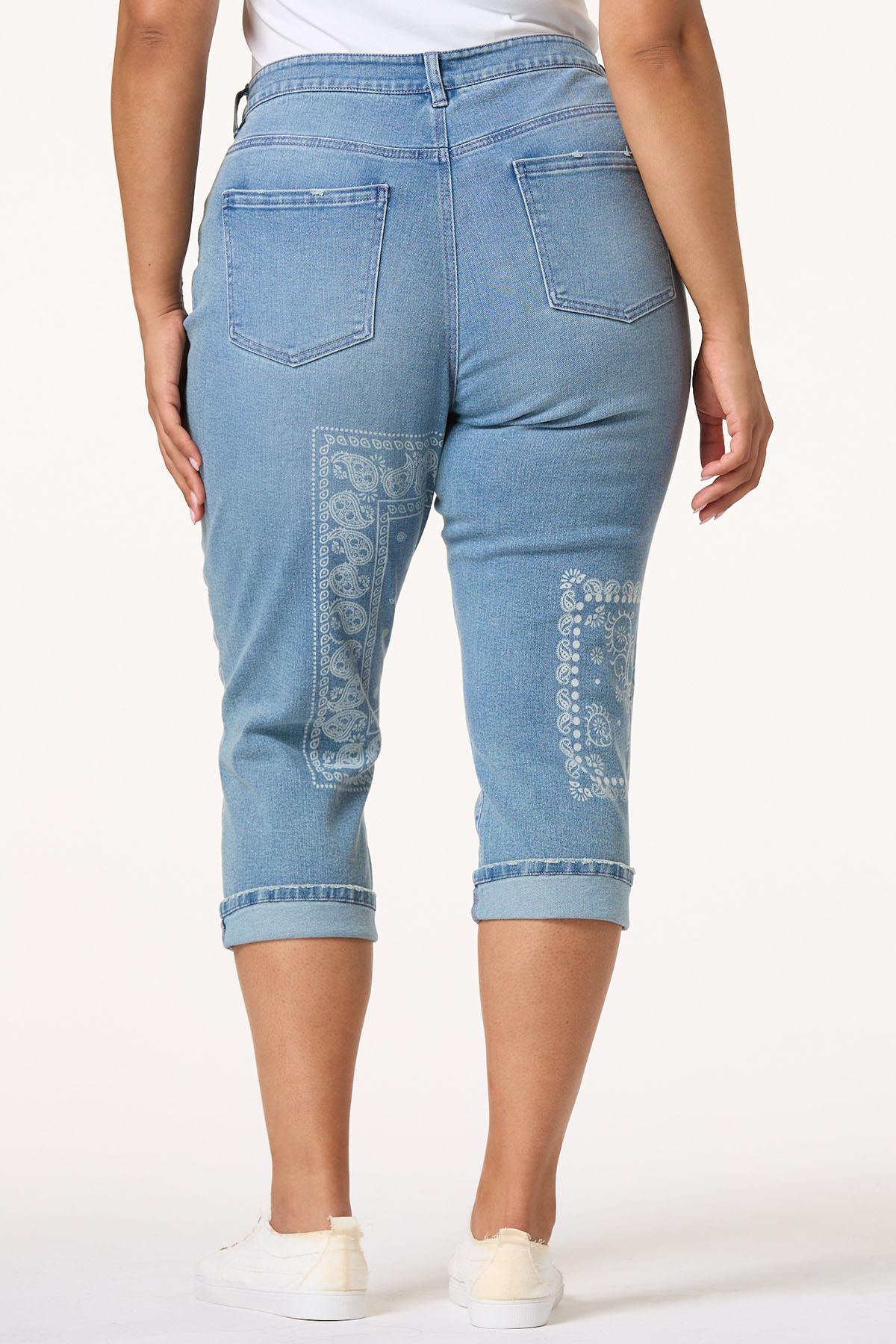 Plus Size Bandana Print Cropped Jeans