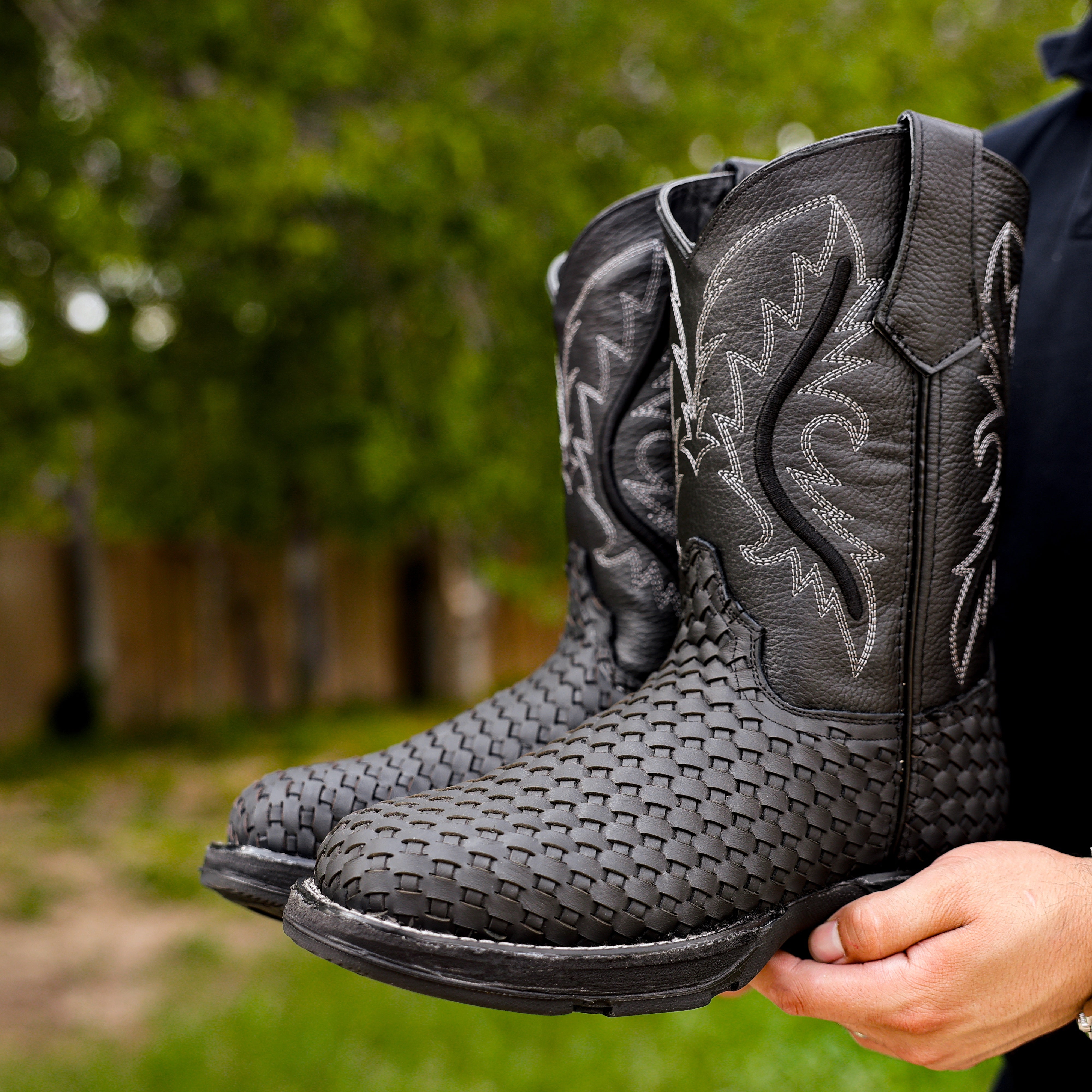 Black Basketweave Leather Boots With 3D Lightweight Sole - Square Toe