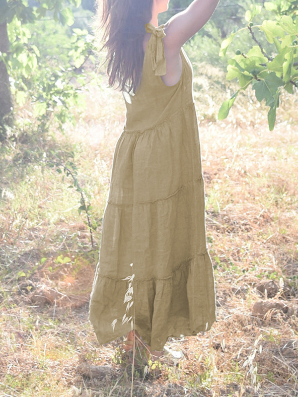 Solid Color Loose Sleeveless V-Neck Midi Dresses