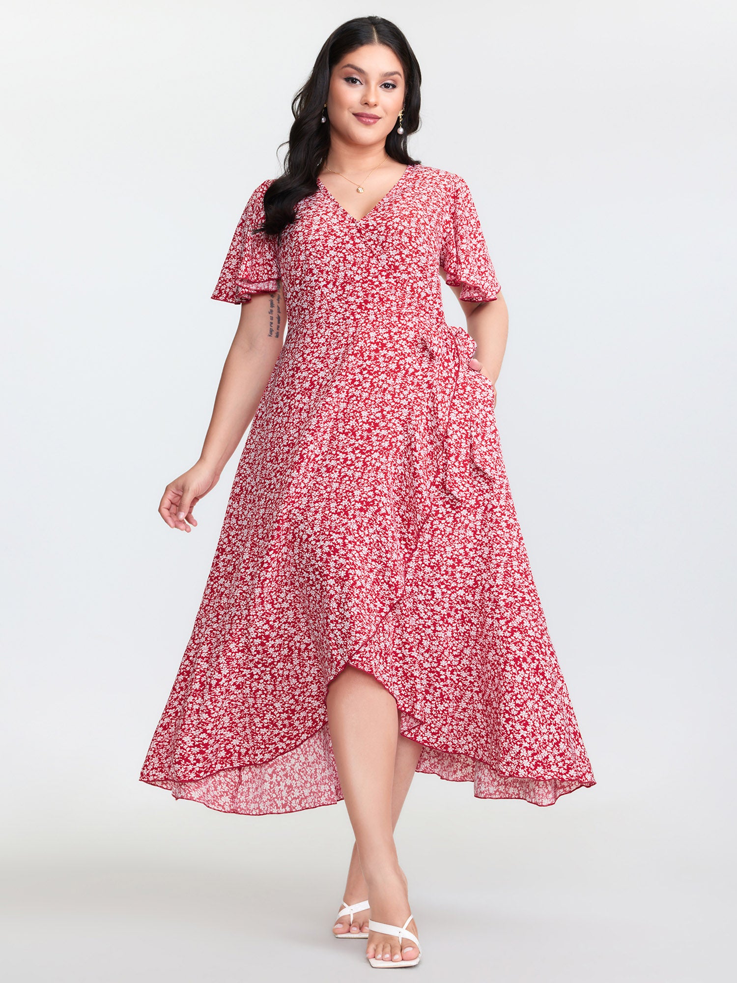 Ditsy Floral Print Flared Sleeve Maxi Dress