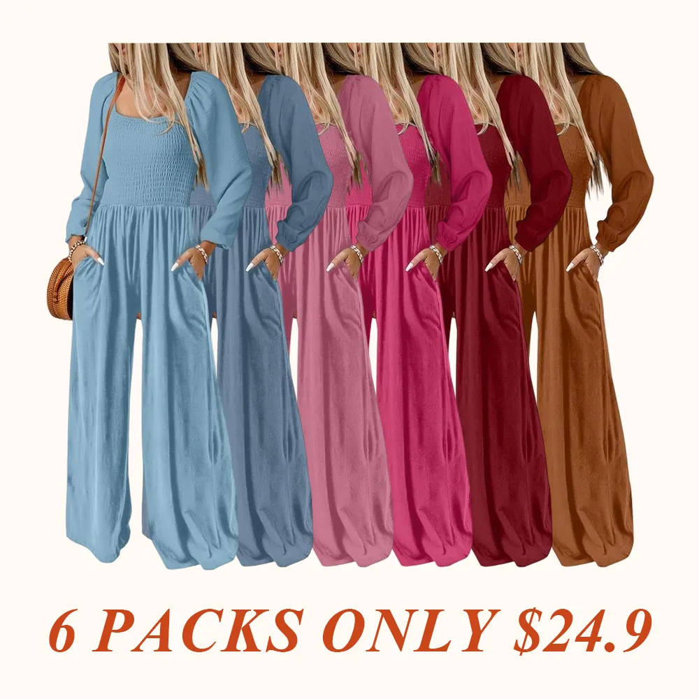 Women's Casual Loose Overalls Jumpsuits One Piece Long Sleeve Wide Leg Long Pant Rompers With Pockets