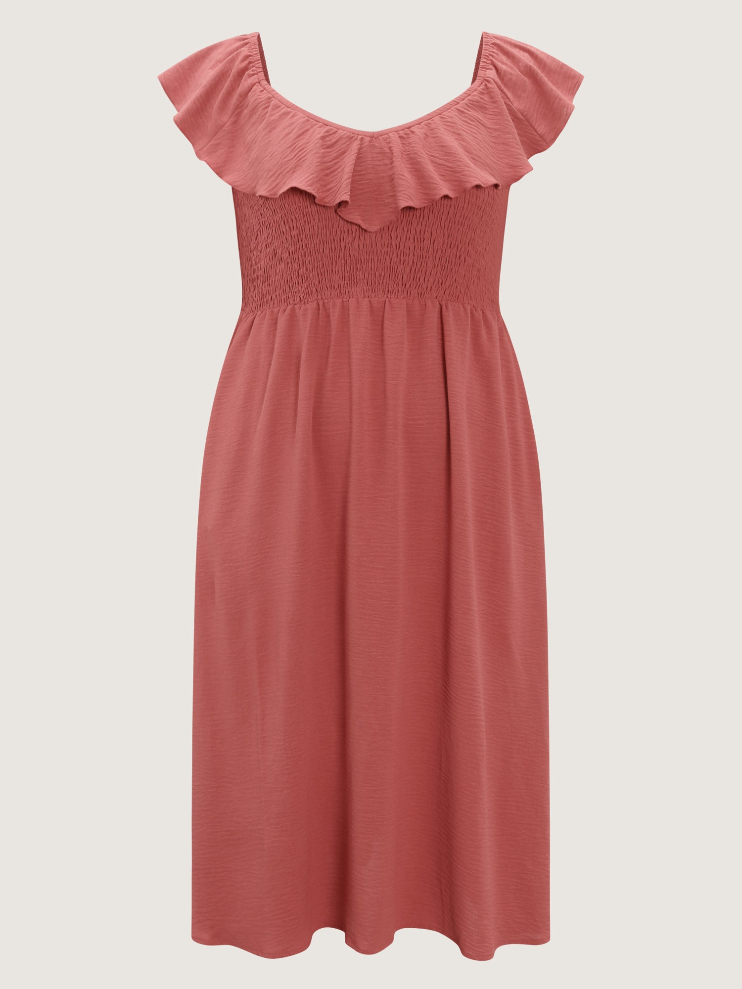 Ruffled Neckline Shirred Flowy Midi Dress