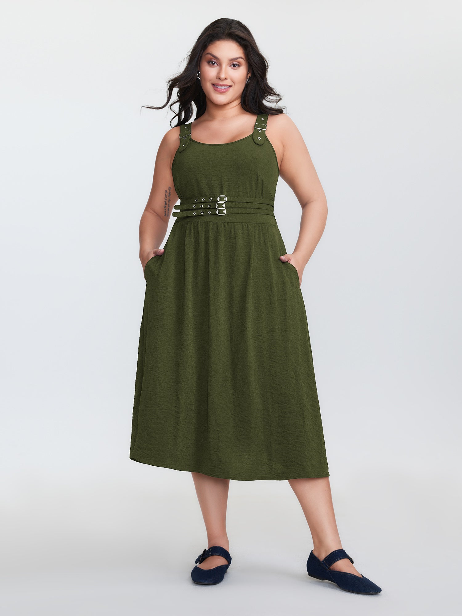 Wide Straps Belted Buckle Detail Midi Dress