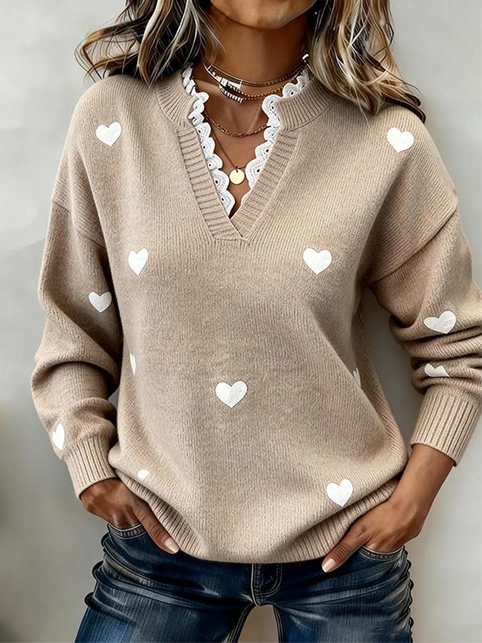 Women'S Casual Heart-Shaped Lace Patchwork Sweater