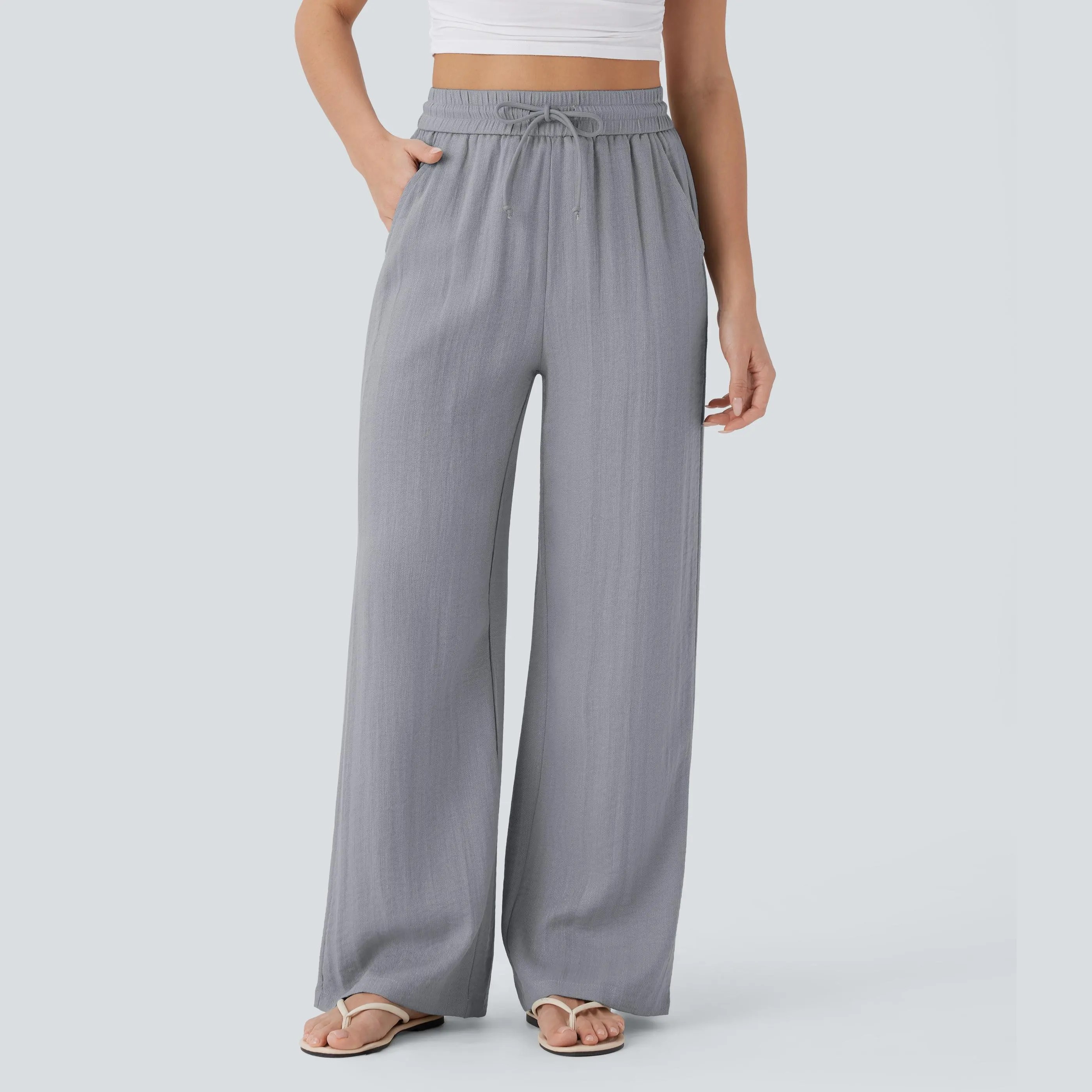 Women's High Waisted Wide Leg Pants – Linen-Feel Casual Drawstring with Pockets