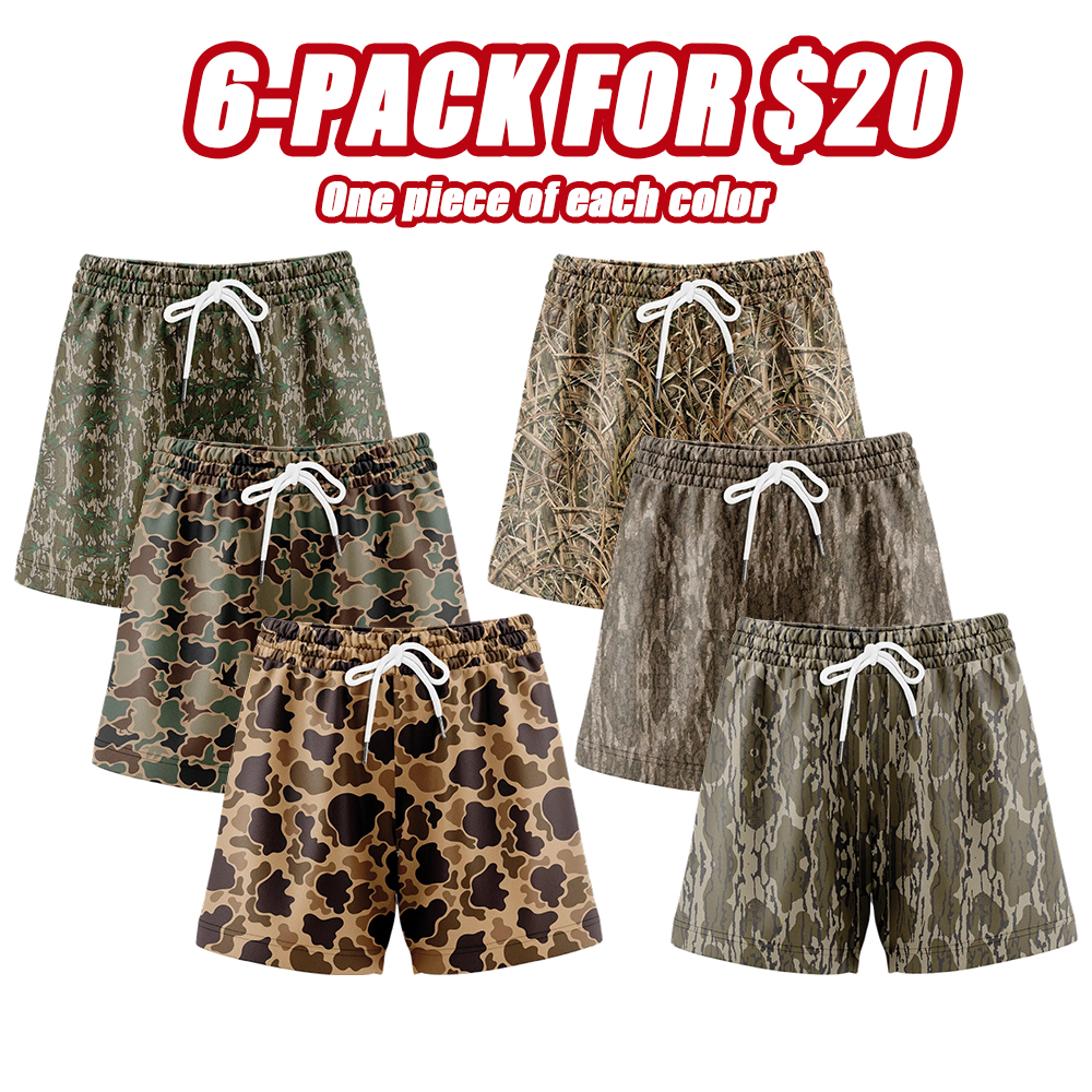 Pack 6 Duck Hunting Camo Shorts - 5 Inch Inseam Camo Mesh Design for Men & Women Ideal Gym Wear & Gifts Breathable & Comfortable