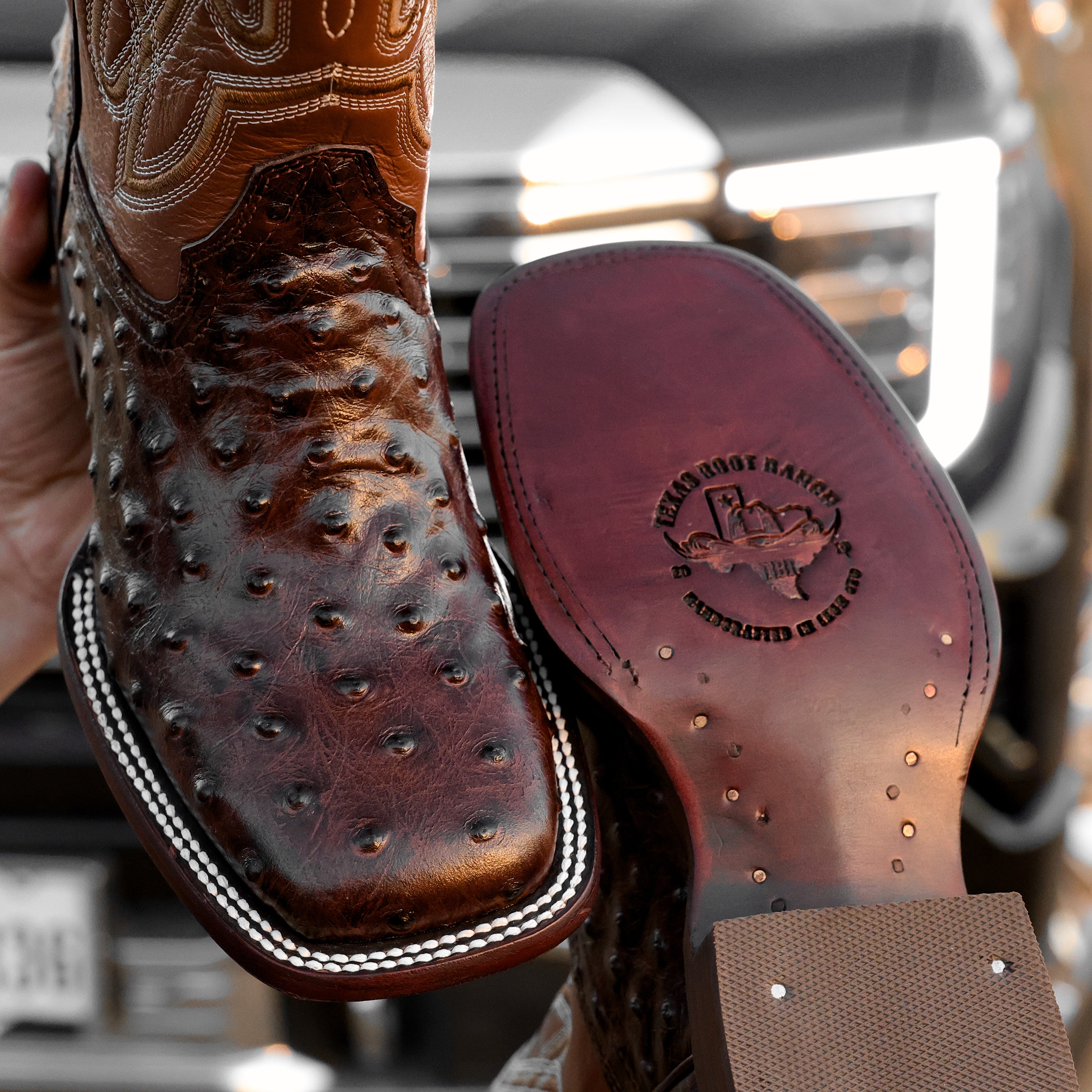 Chocolate Brown Ostrich Leather Boots - Square Toe