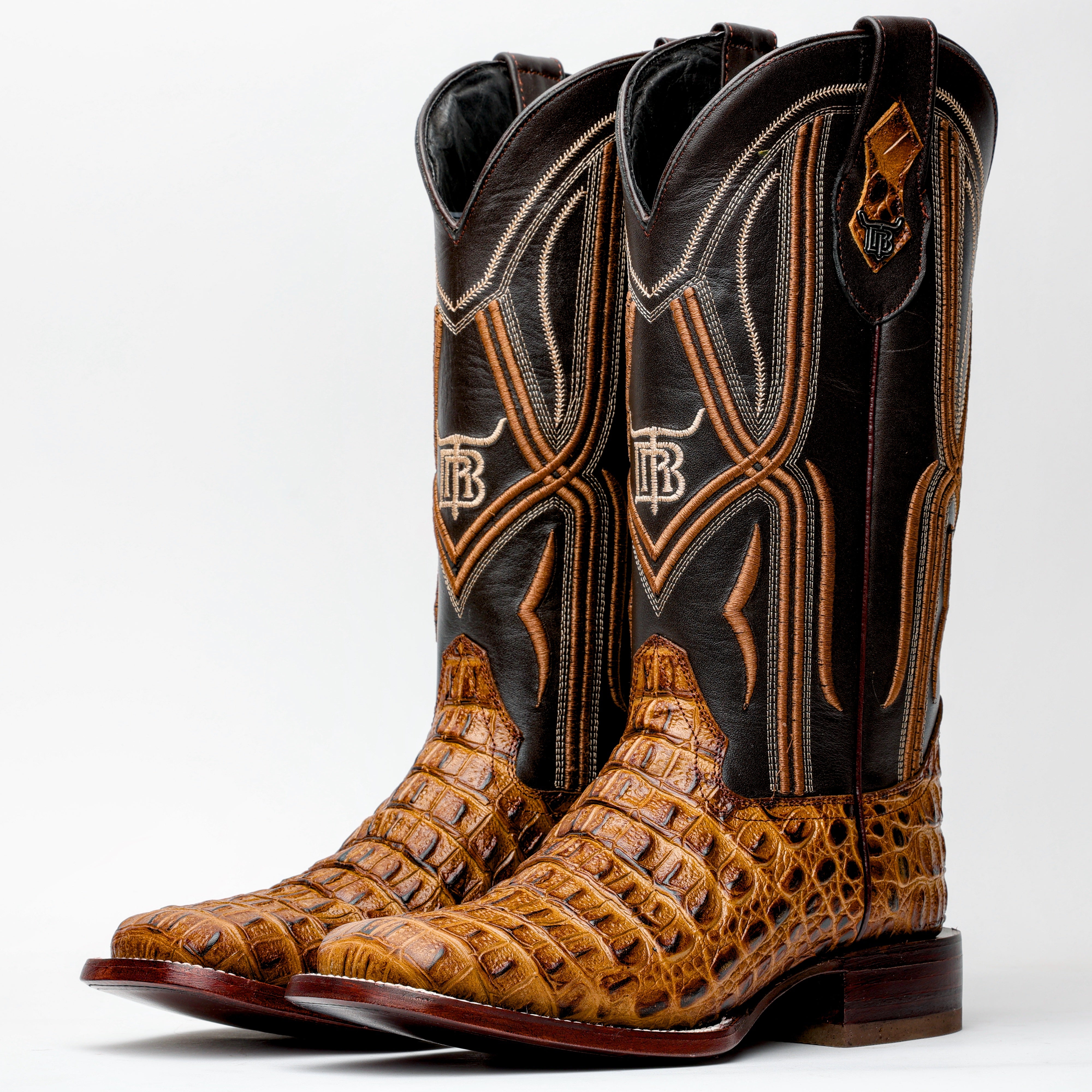 Honey Caiman Hornback Leather Boots - Square Toe