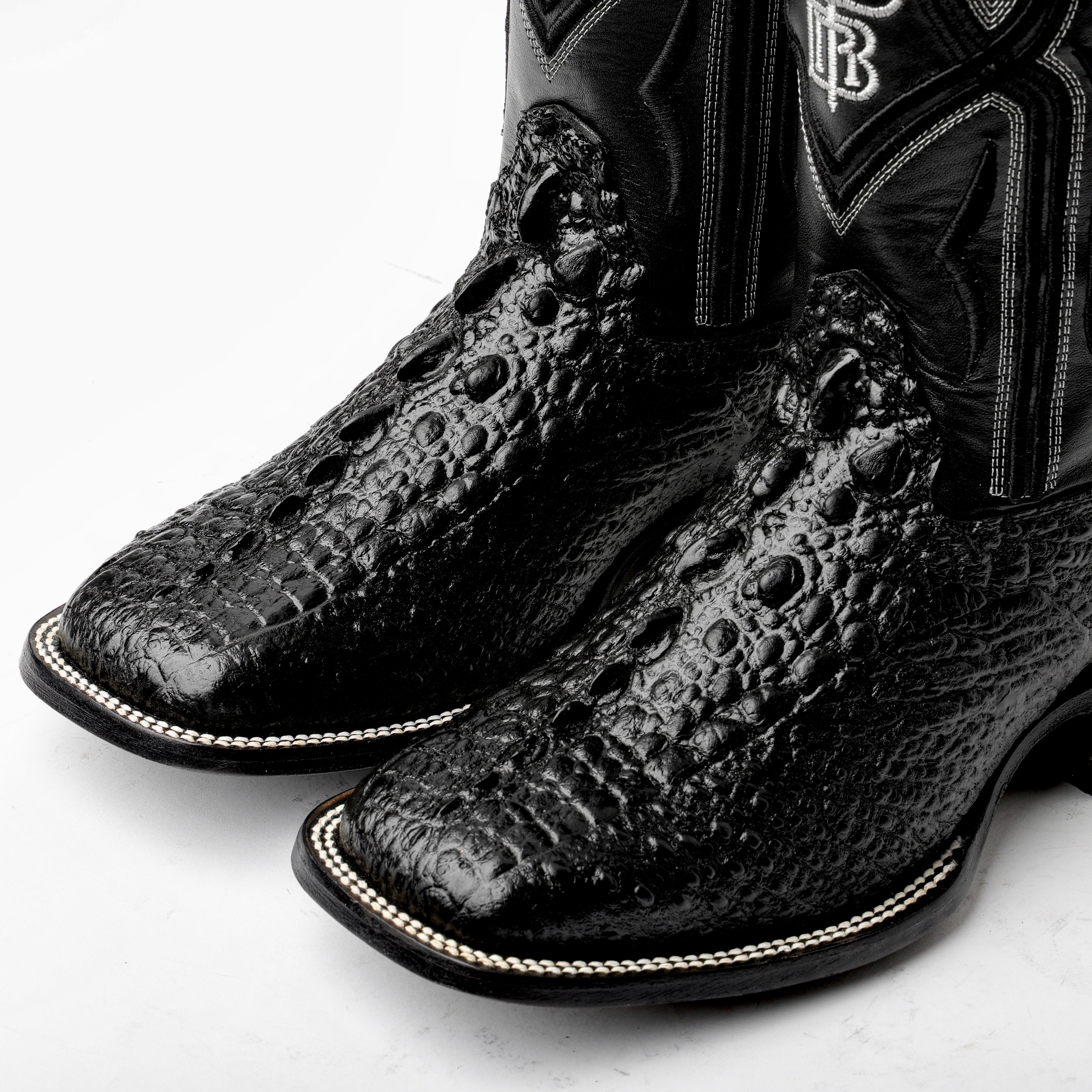 Black Snapping Turtle Leather Boots - Square Toe