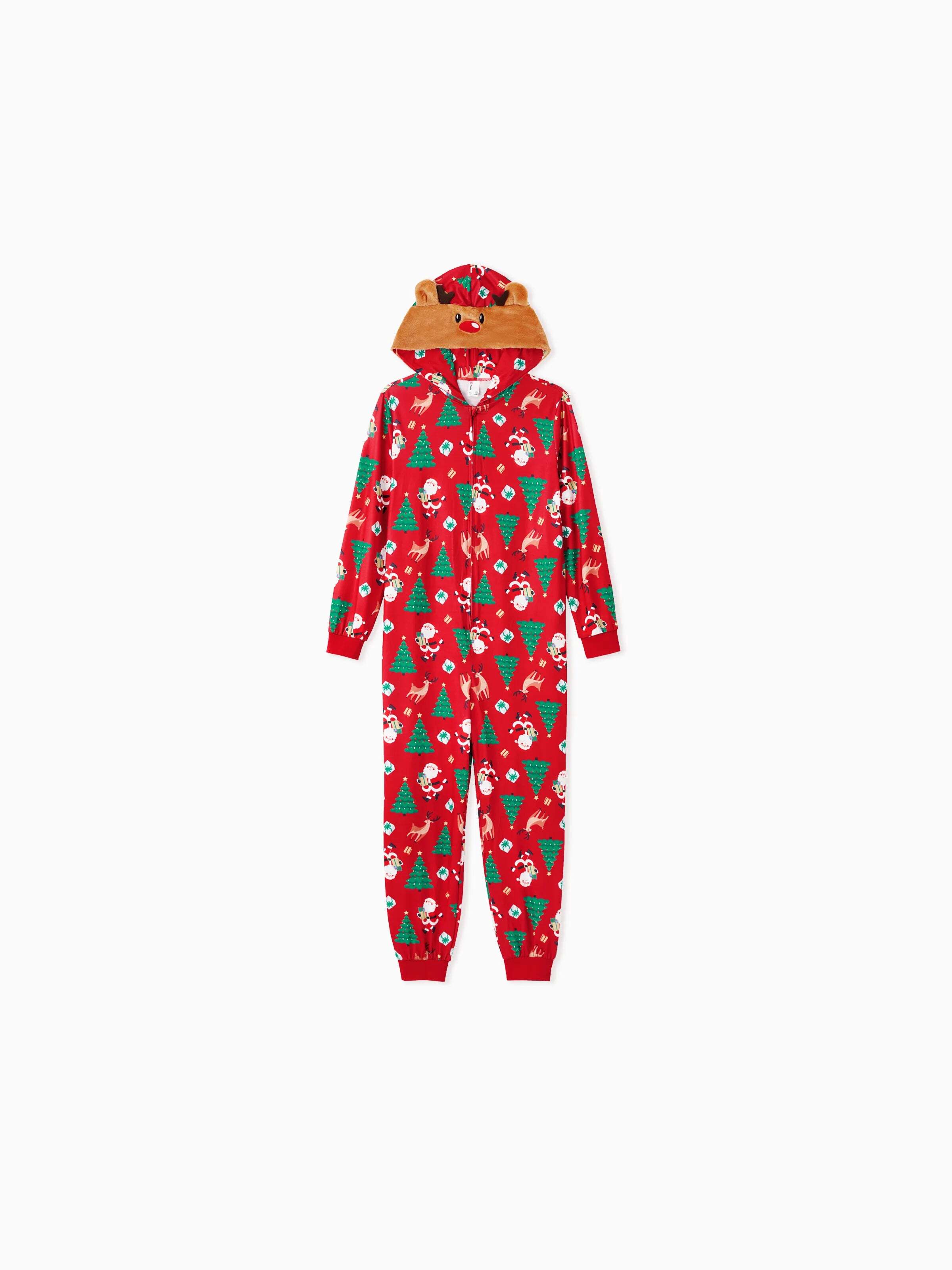 Christmas Family Pajamas Sets 3D Reindeer Hooded Allover Print Onesies with Christmas Socks Red-2