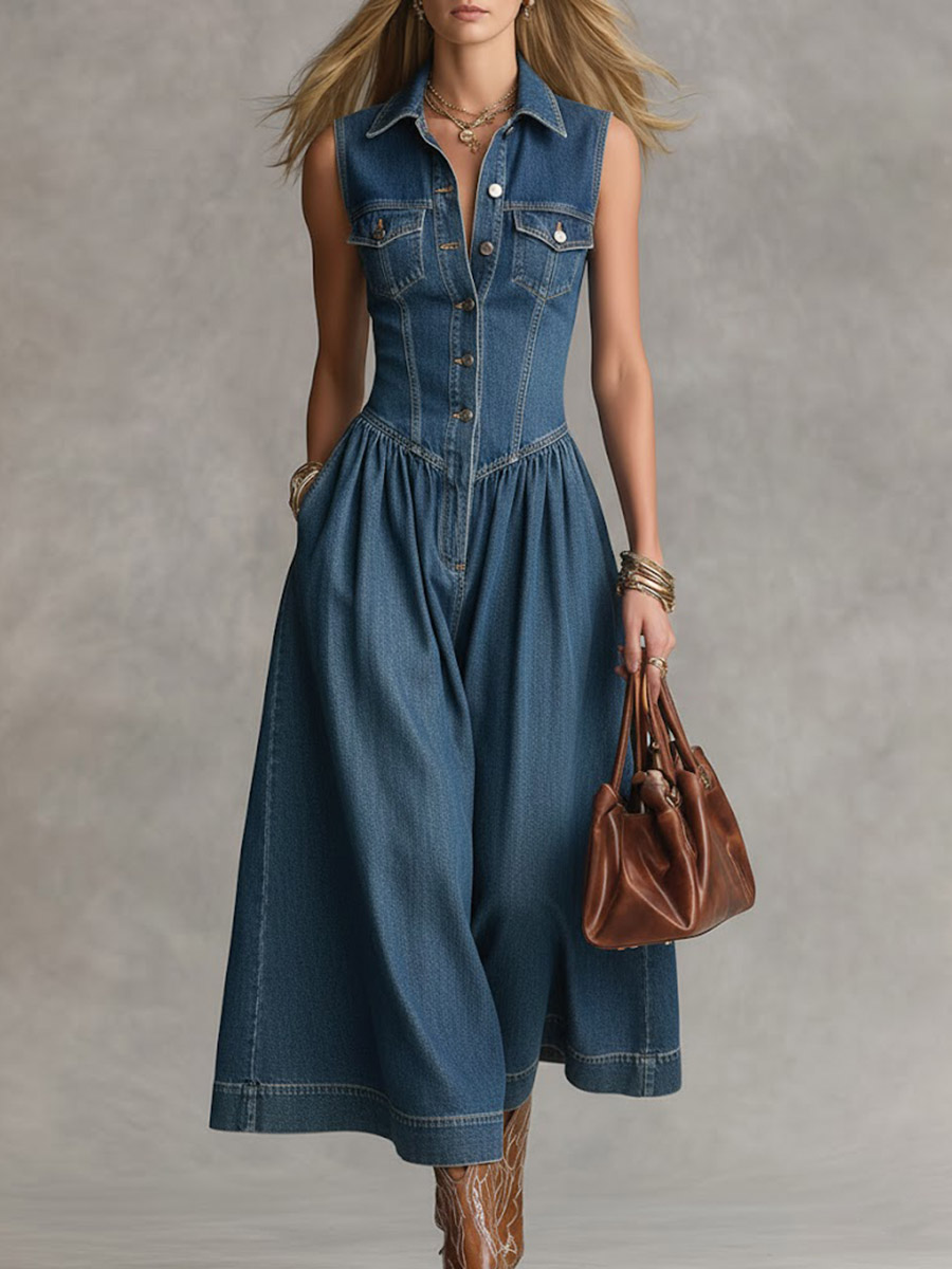 Women's Sleeveless Casual Loose Denim Wide-leg Jumpsuit With Lapel Collar