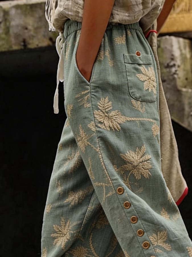 Women'S Casual Printed Button-Up Tie Cotton Linen Trousers