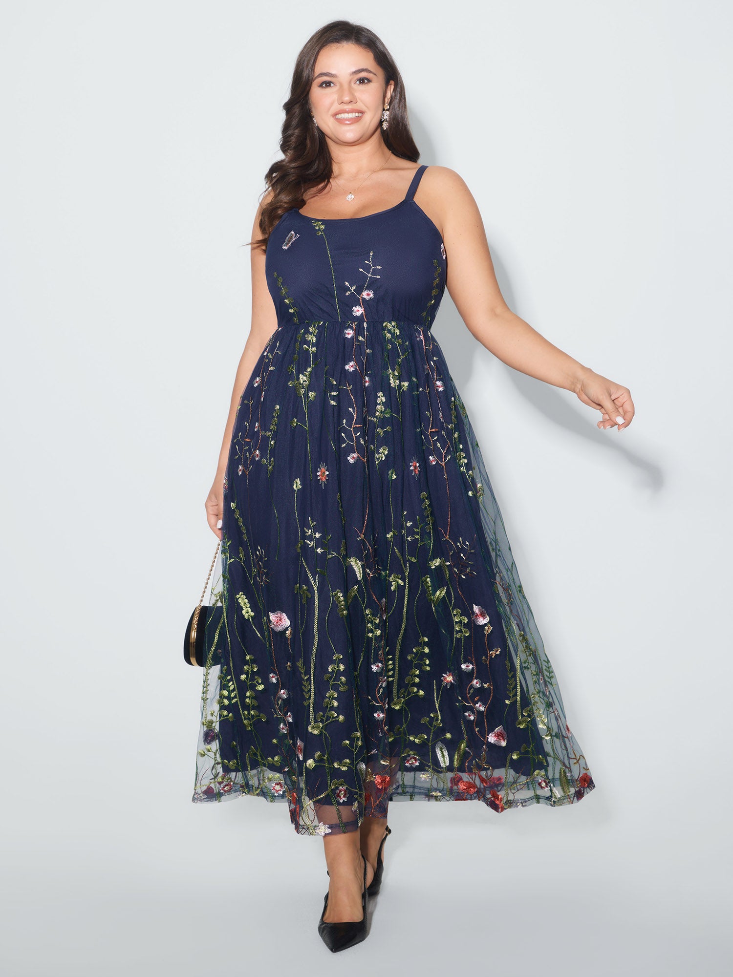 U Neck Floral Embroidered Mesh Cami Dress