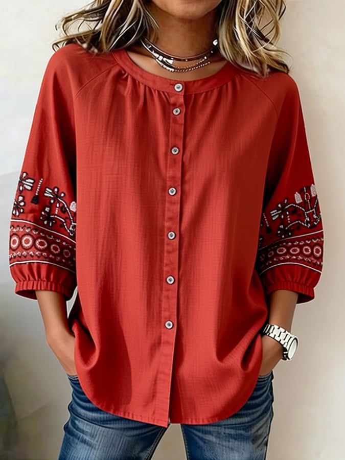 Women's Casual Round Neck Button-Up Three-Quarter Sleeve Shirt- Fast Shipping