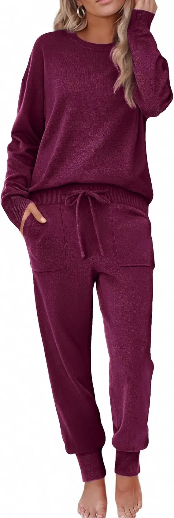 Women's Long Sleeve Knit Loungewear Set Jogger Pants Outfit