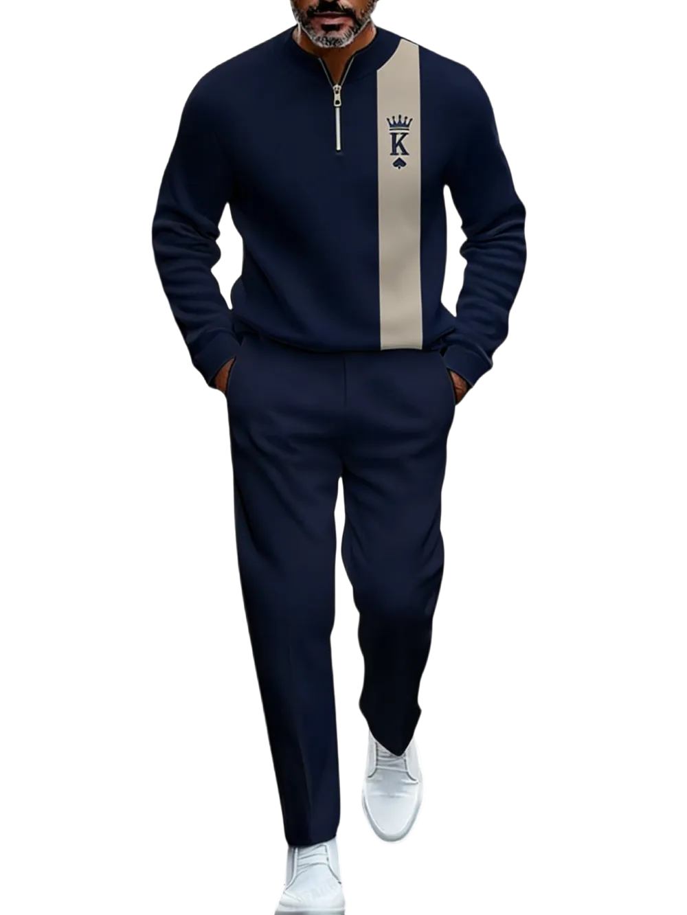 Men's Fashion New Retro Beige & Brown Block Semi-Cardigan Set