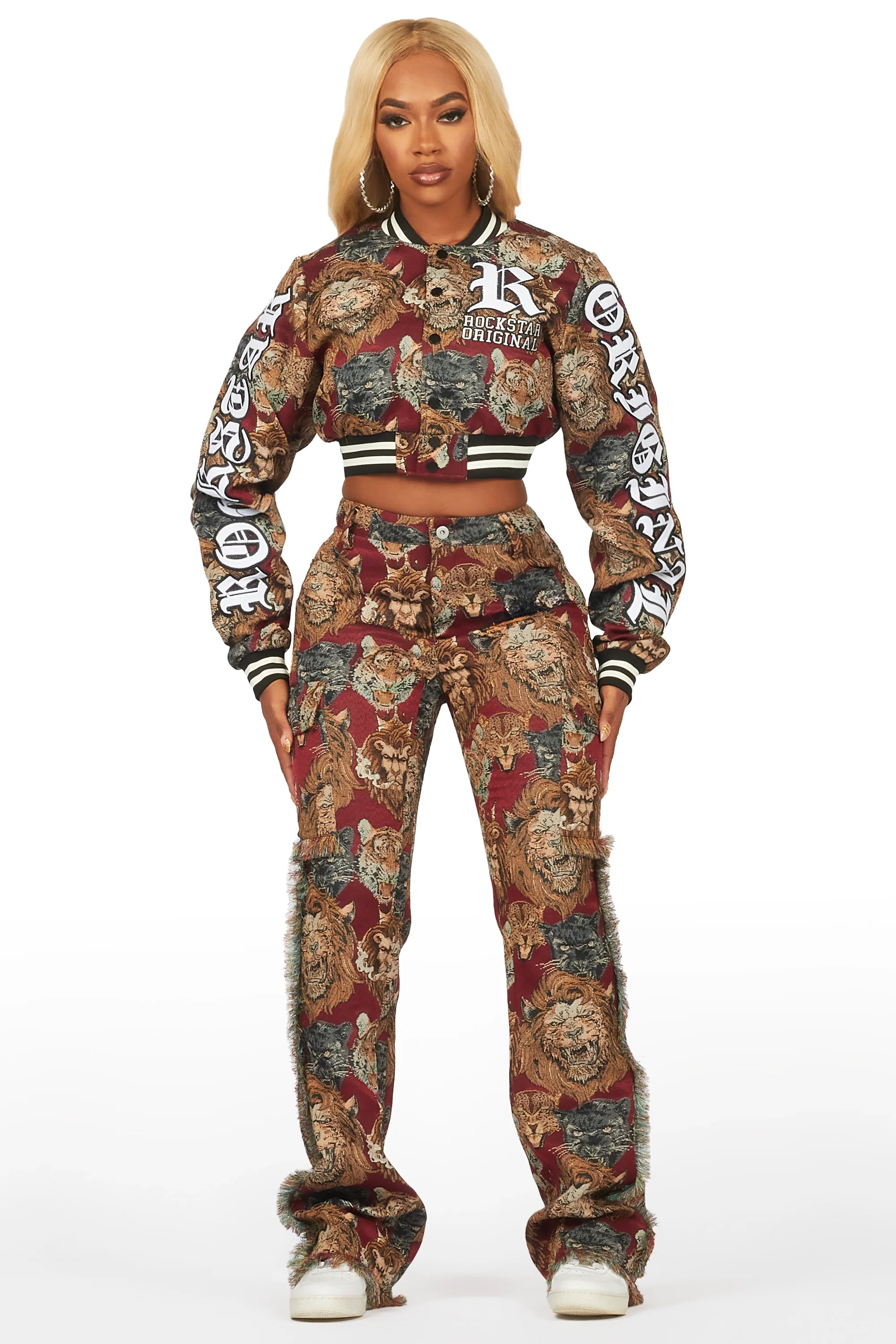 Khadiyah Red Crop Tapestry Varsity Jacket