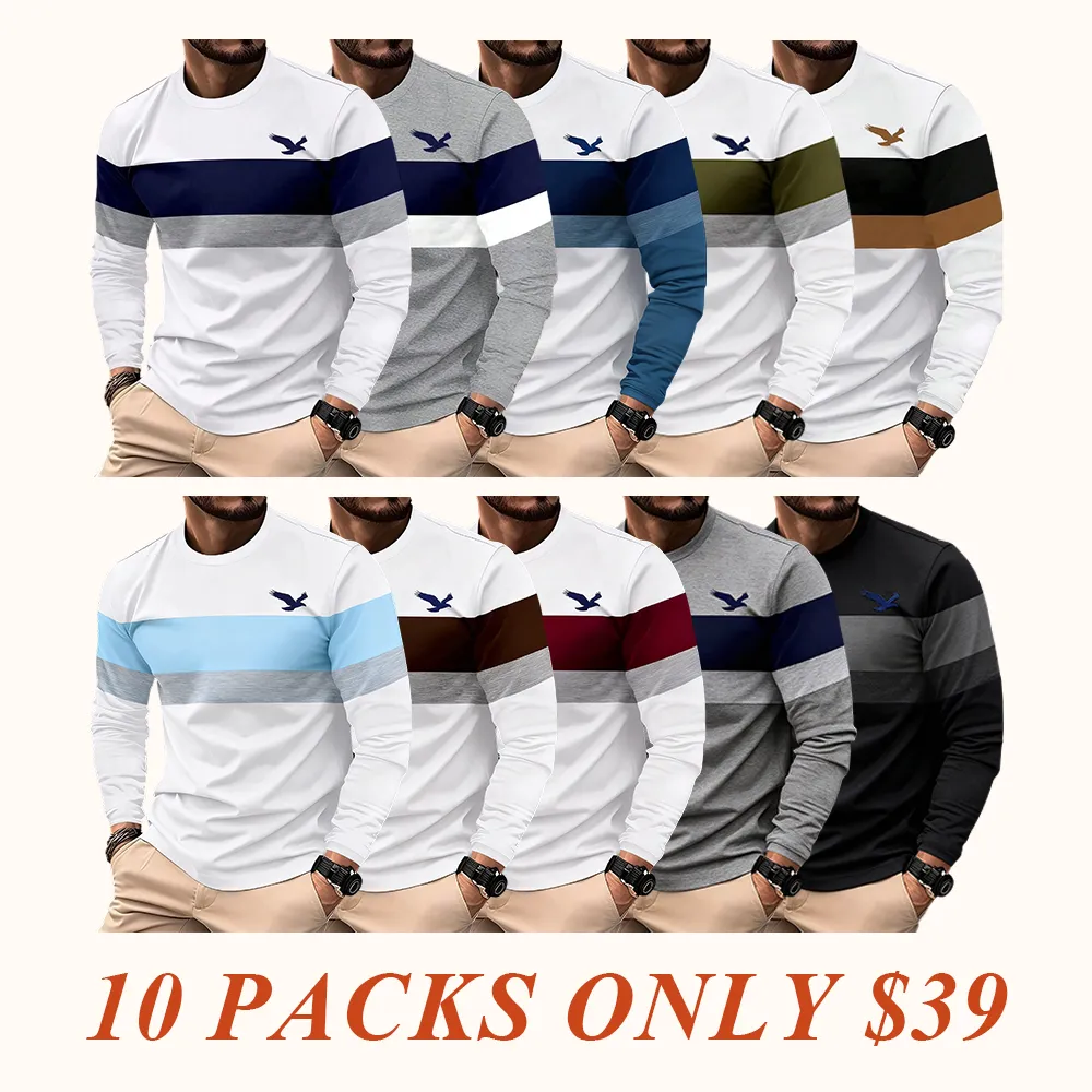 A new autumn and spring color-blocked business style men's casual printed long-sleeved T-shirt top