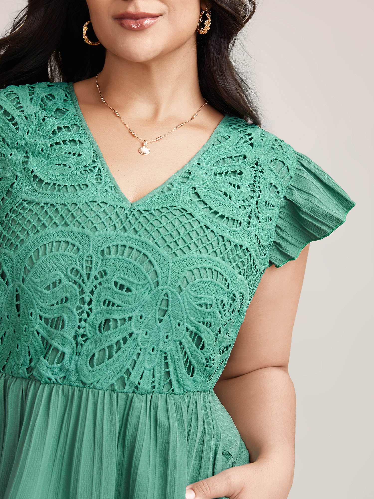 Lace Cut-Out Flutter Sleeve Midi Dress