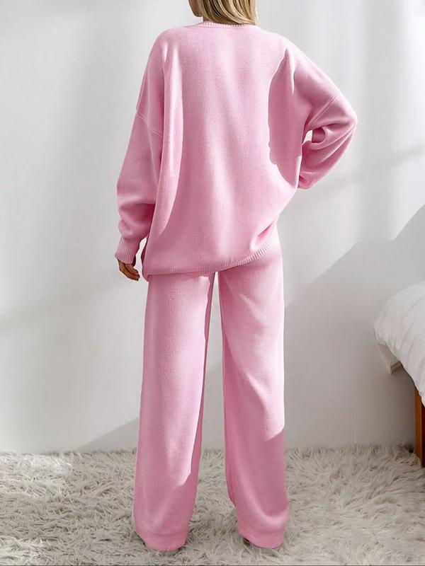 Women’s Cozy Knit Cardigan & Wide-Leg Pants Set – Relaxed Button-Up Lounge Outfit