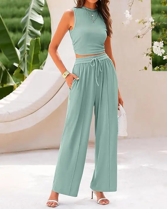 Women's 2-Piece Ribbed Knit Sleeveless Cropped Top & Wide Leg Pants
