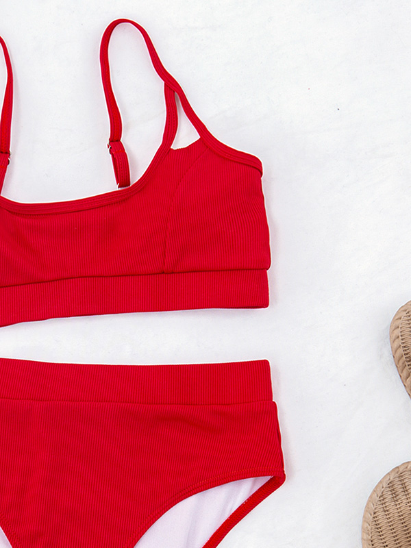 Spaghetti-Neck Padded Bralette High-Waisted Solid Color Bikini Swimwear