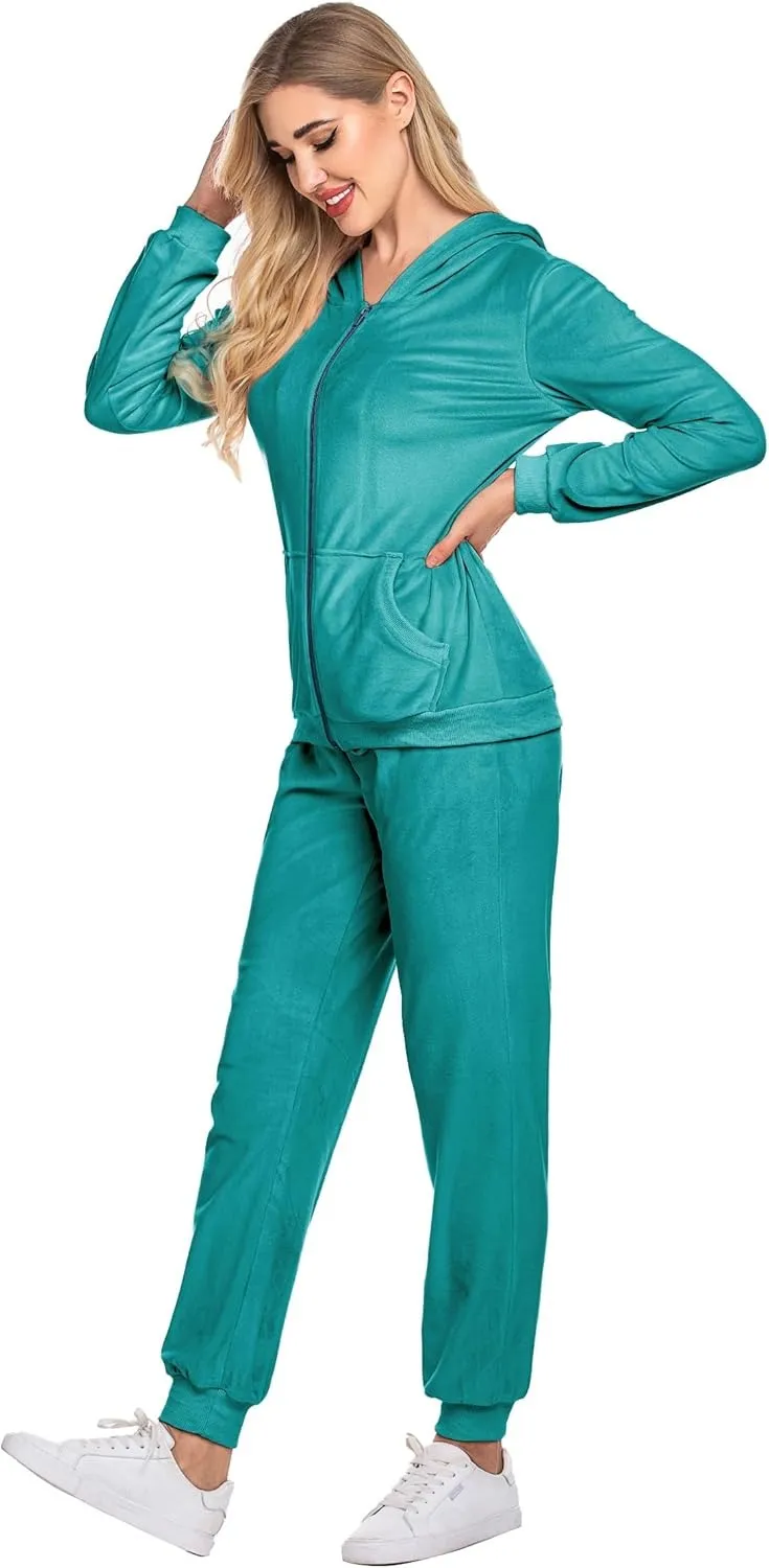 Women's Casual Velour Tracksuit Set Full Zipper Hoodie