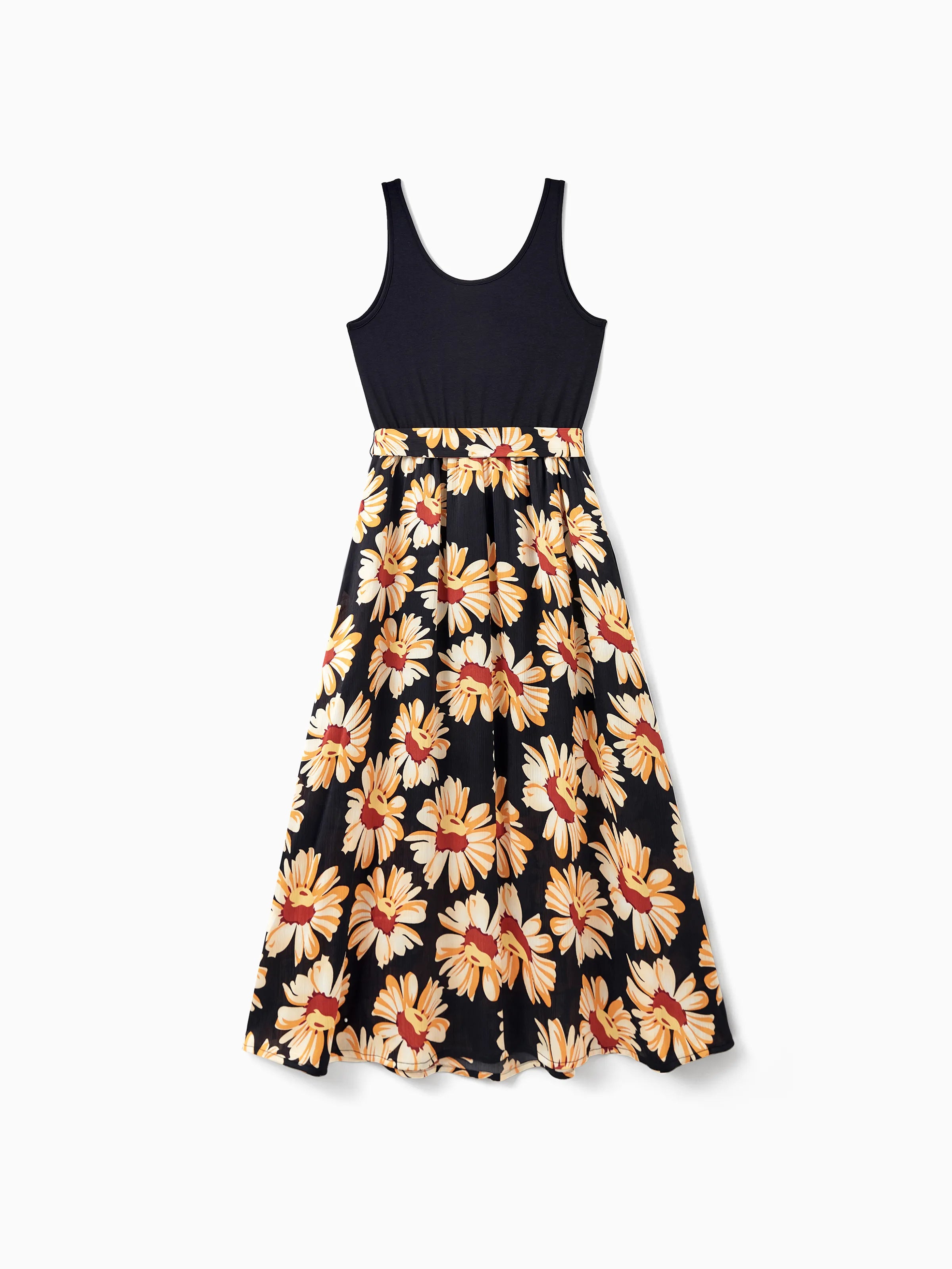 Family Matching Set Floral Sleeveless Strappy Dress or Colorblock Short-sleeve T-shirt  Black