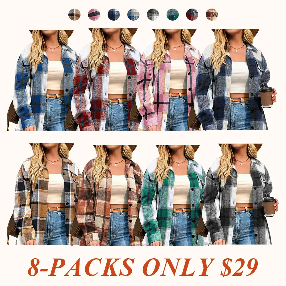 Womens Plus Size Shacket Jacket Flannel Plaid Long Sleeve