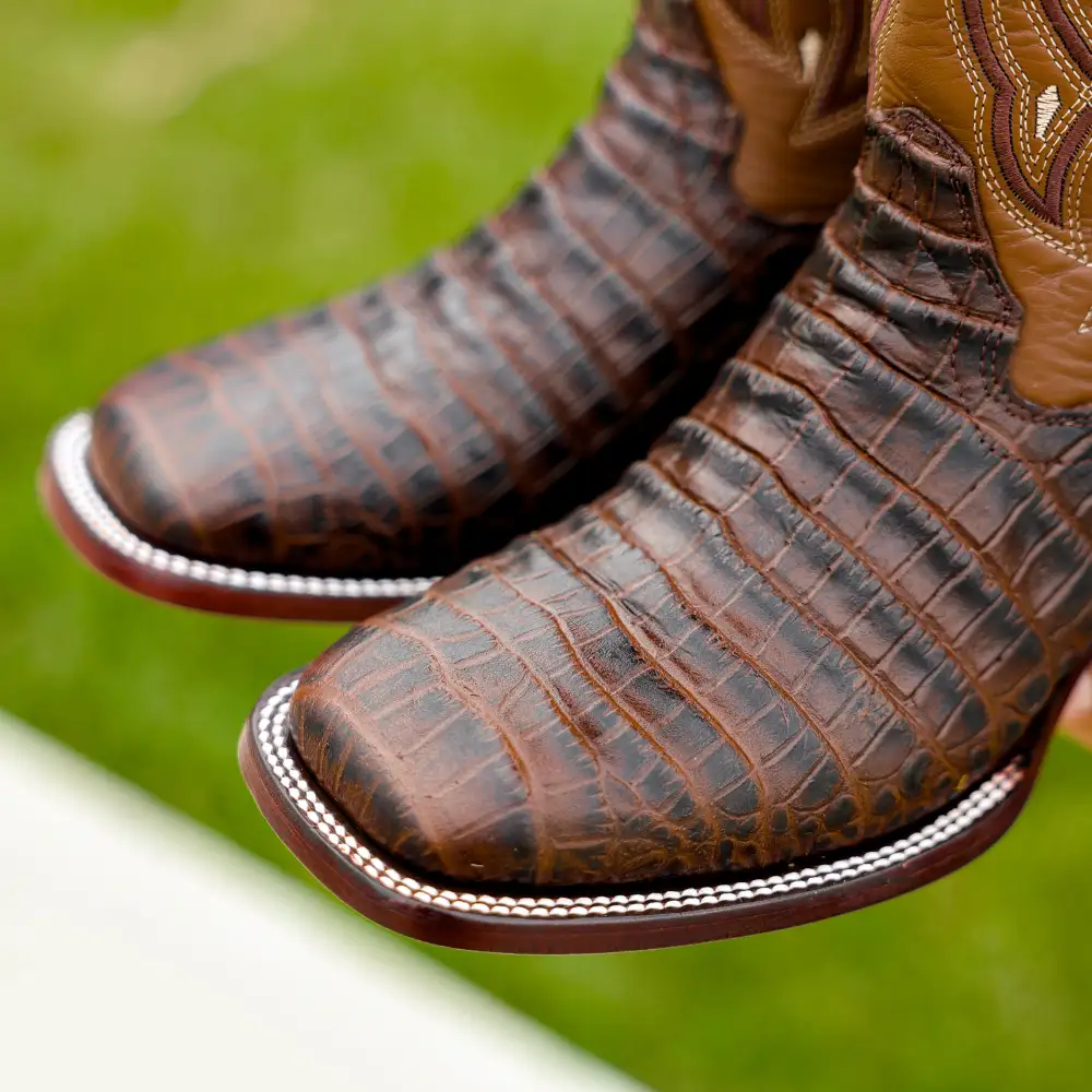 Brown Caiman Belly Leather Boots - Square Toe