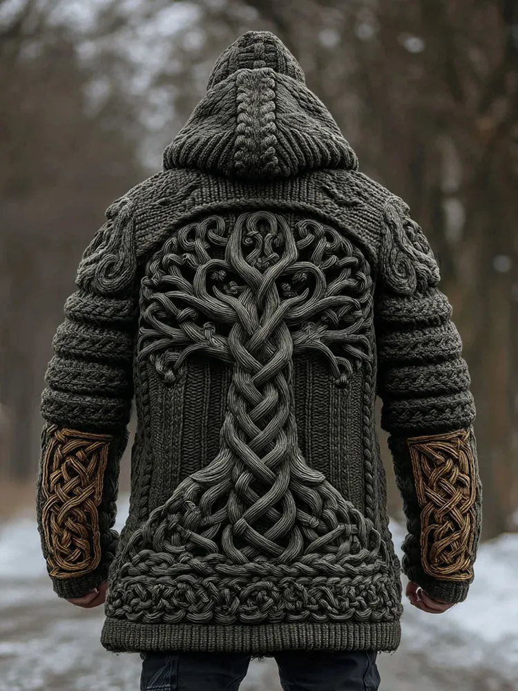 Men's Viking Celtic Knot Tree Of Life Knit Thick Zip Hooded Sweater