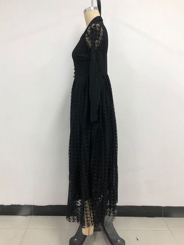 Buttoned Gauze See-Through Solid Color High Waisted Long Sleeves V-Neck Maxi Dresses